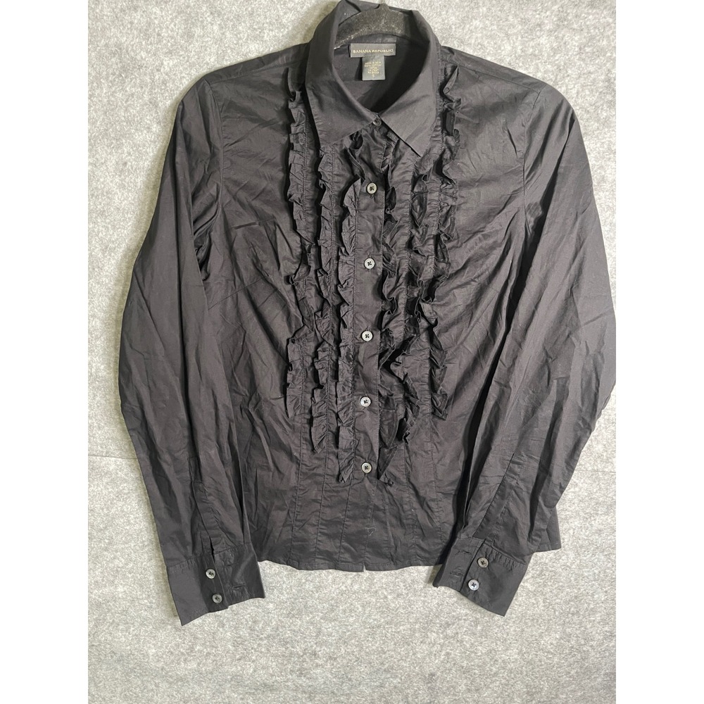 Banana Republic Womens Black Ruffle Front Long Sleeve Cotton Button Down Shirt S